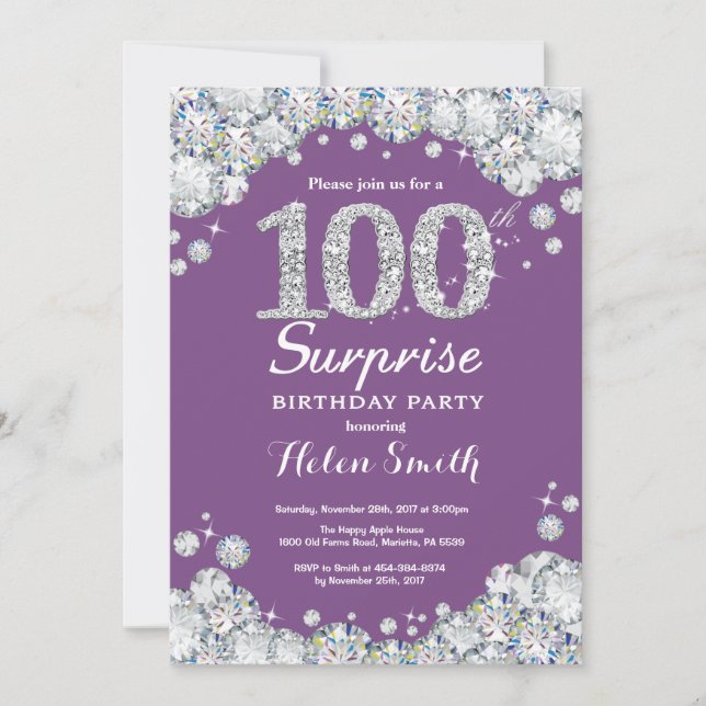 Invitation Surprise 100e anniversaire violet et diamant d'arg (Devant)