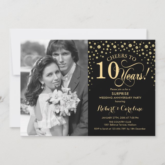 Invitation Surprise 10e anniversaire avec photo noir or (Devant)
