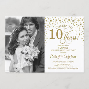 Invitation Surprise 10e Anniversaire avec Photo Or Blanc