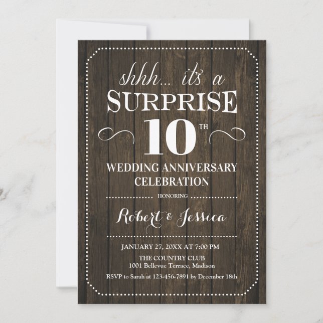 Invitation Surprise 10e anniversaire de mariage - Bois rustiq (Devant)