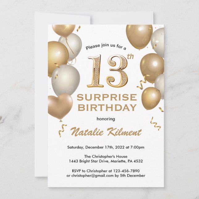 Invitation Surprise 13e anniversaire Ballons blanc et or (Devant)