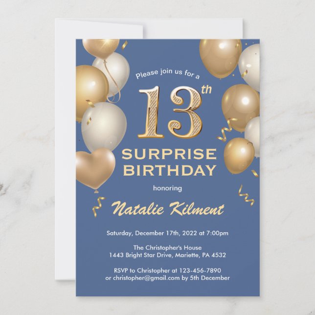 Invitation Surprise 13e anniversaire Ballons bleu et or (Devant)