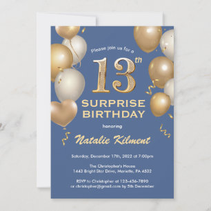 Invitation Surprise 13e anniversaire Ballons bleu et or