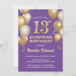 Invitation Surprise 13e anniversaire Ballons violet et or