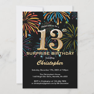 Invitation Surprise 13e anniversaire Black Gold Rainbow Firew