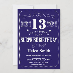 Invitation Surprise 13e anniversaire bleu marine et blanc