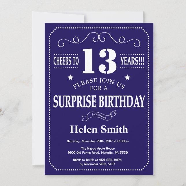 Invitation Surprise 13e anniversaire bleu marine et blanc (Devant)