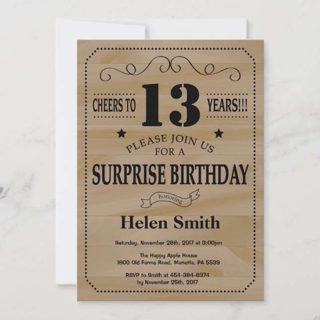 Invitation Surprise 13e Anniversaire Bois Rustique (Devant)