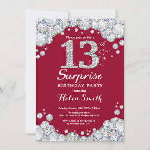 Invitation Surprise 13e anniversaire Burgundy Red Silver Diam