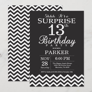 Invitation Surprise 13e Anniversaire Chevron Noir et Blanc