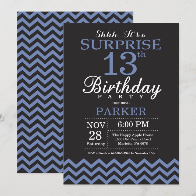 Invitation Surprise 13e anniversaire Chevron noir et bleu (Devant / Derrière)