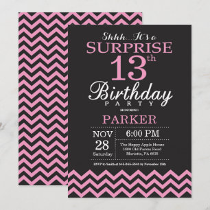 Invitation Surprise 13e anniversaire Chevron noir et rose