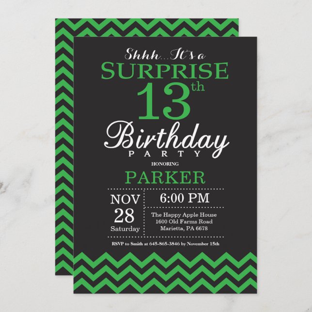 Invitation Surprise 13e anniversaire Chevron noir et vert (Devant / Derrière)