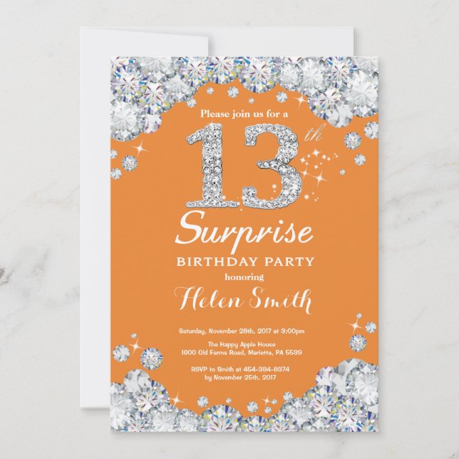 Invitation Surprise 13e Anniversaire Diamant Orange et Argent (Devant)
