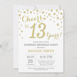 Invitation Surprise 13e anniversaire Gold Parties scintillant