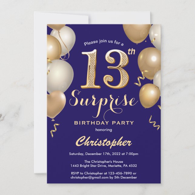 Invitation Surprise 13e anniversaire Marine Bleu et Ballons d (Devant)