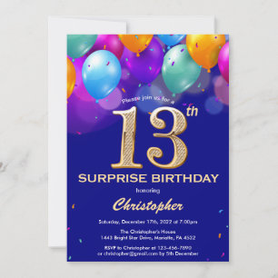 Invitation Surprise 13e anniversaire Marine Bleu et Ballons d