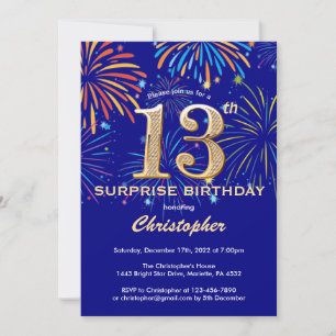 Invitation Surprise 13e anniversaire Marine Blue & Gold Firew