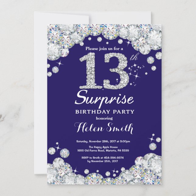 Invitation Surprise 13e anniversaire Marine Blue Silver Diamo (Devant)