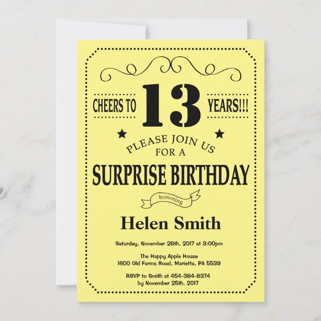 Invitation Surprise 13e anniversaire Noir et Jaune (Devant)