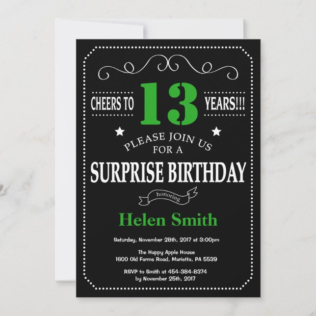 Invitation Surprise 13e anniversaire noir et vert Chalkboard (Devant)