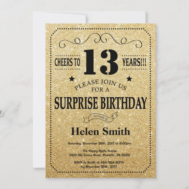 Invitation Surprise 13e anniversaire Parties scintillant noir (Devant)