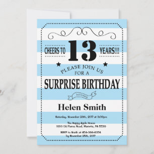 Invitation Surprise 13e anniversaire rayures bleues et blanch