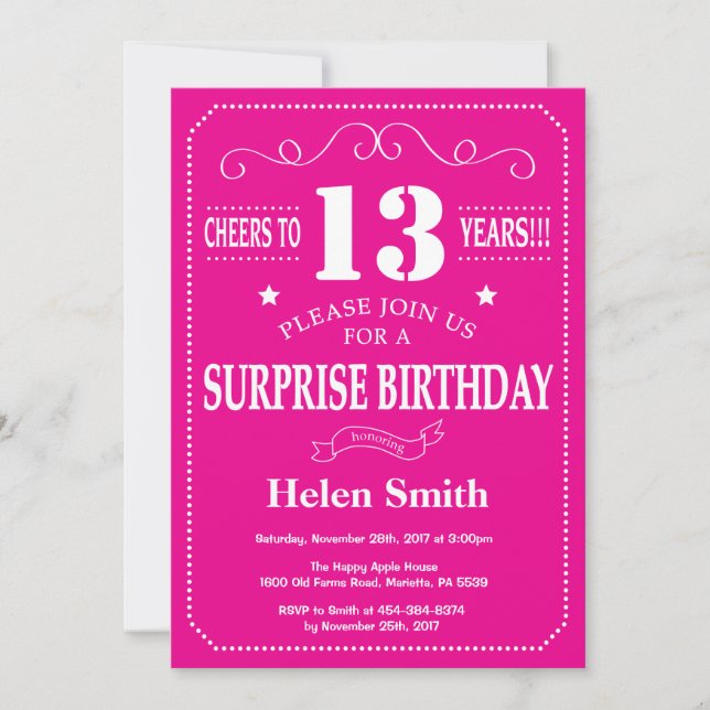 Invitation Surprise 13e Anniversaire Rose Chaud et Blanc (Devant)