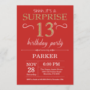 Invitation surprise 13e anniversaire Rouge et or