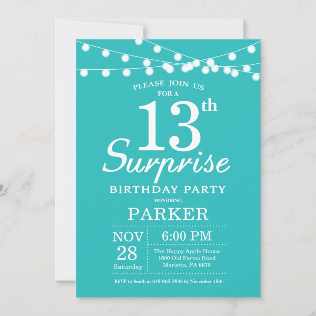 Invitation Surprise 13e Anniversaire Sarcelle Aqua Turquoise (Devant)