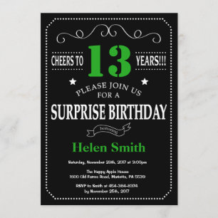 Invitation Surprise 13e anniversaire Tableau noir et vert