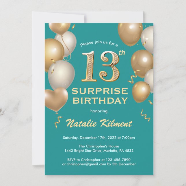 Invitation Surprise 13e anniversaire Turquoises et Ballons d' (Devant)