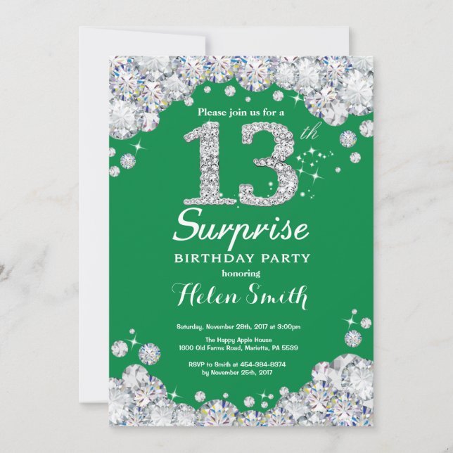 Invitation Surprise 13e anniversaire Vert et Diamant d'argent (Devant)