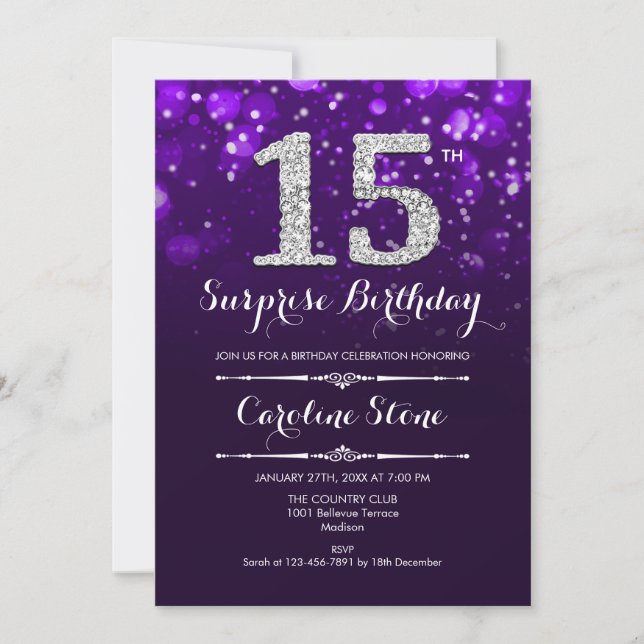 Invitation Surprise 15e anniversaire - Argent violet (Devant)