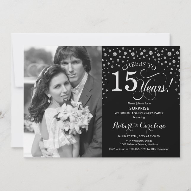 Invitation Surprise 15e Anniversaire avec Photo Noir Argent (Devant)
