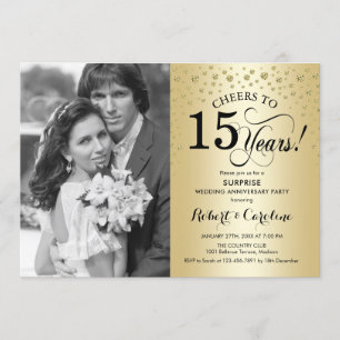 Invitation Surprise 15e anniversaire avec photo or noir