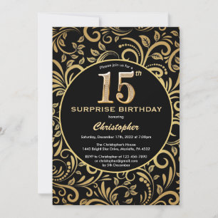 Invitation Surprise 15e anniversaire Black and Gold Floral