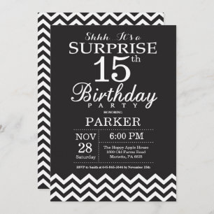 Invitation Surprise 15e anniversaire Chevron noir et blanc