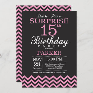Invitation Surprise 15e anniversaire Chevron noir et rose