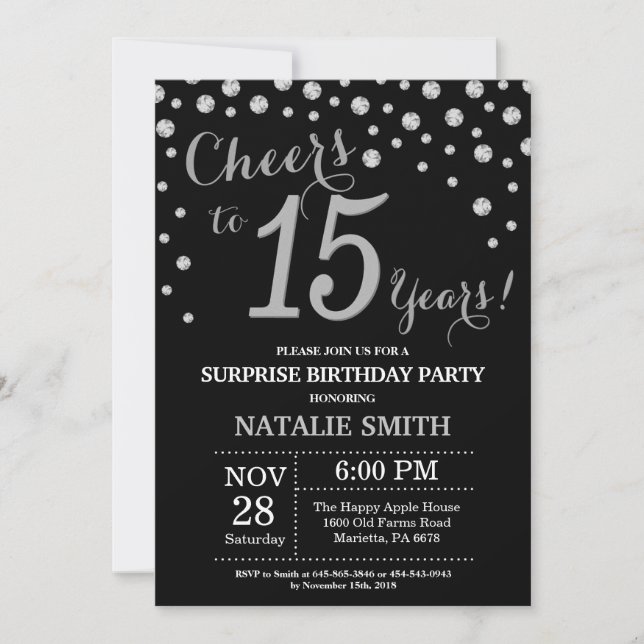Invitation Surprise 15e anniversaire Diamant noir et argent (Devant)