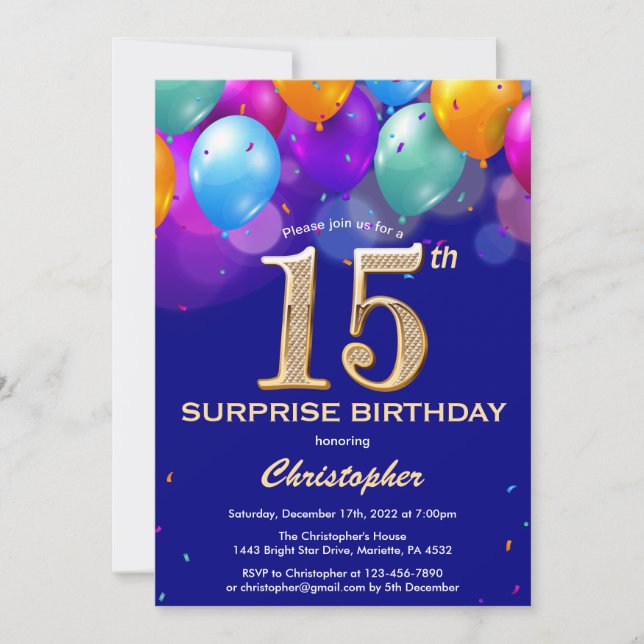 Invitation Surprise 15e anniversaire Marine Bleu et Ballons d (Devant)