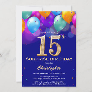 Invitation Surprise 15e anniversaire Marine Bleu et Ballons d