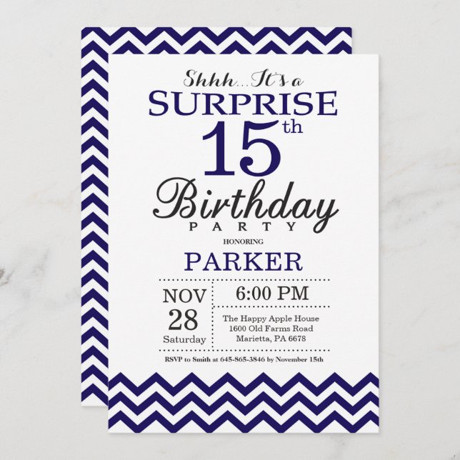 Invitation Surprise 15e anniversaire Marine Blue Chevron (Devant / Derrière)