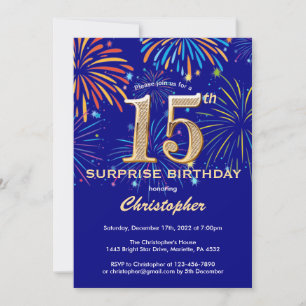 Invitation Surprise 15e anniversaire Marine Blue & Gold Firew
