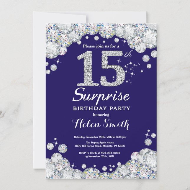 Invitation Surprise 15e anniversaire Marine Blue Silver Diamo (Devant)