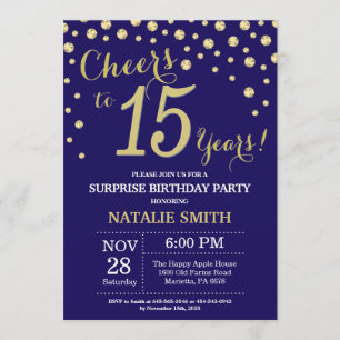 Invitation Surprise 15e anniversaire Navy Blue and Gold Diamo