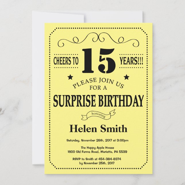 Invitation Surprise 15e anniversaire noir et jaune (Devant)