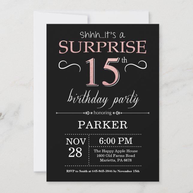 Invitation Surprise 15e anniversaire Noir et Rose Or rose (Devant)