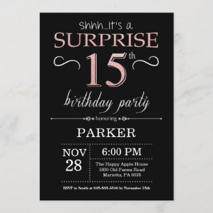 Invitation Surprise 15e anniversaire Noir et Rose Or rose