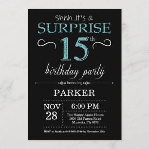 Invitation surprise 15e anniversaire Noir et Turqu